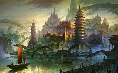 Fan Ming Concept Art and Illustration Wallpaper Seni, Creature Fantasy, Art Chinois, Asian Architecture, Art Asiatique, Landscape Concept, Fantasy City, Art Et Illustration, Matte Painting