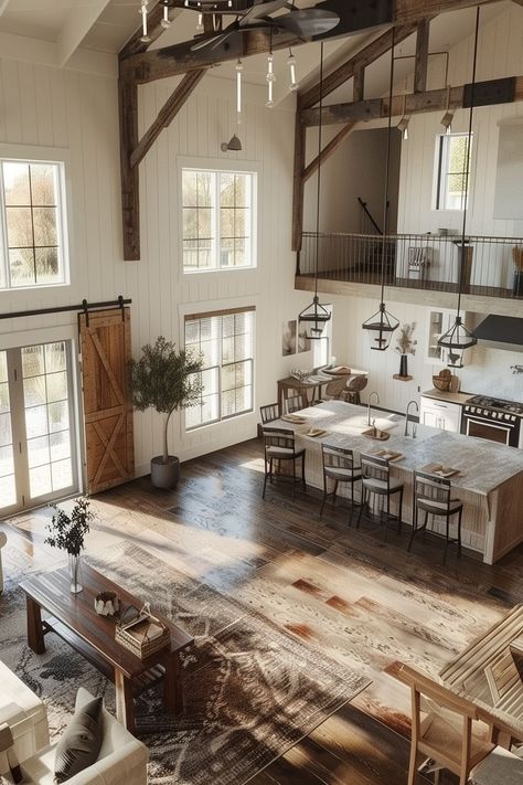 25 Barndominium Ideas - Remodr Rustic House Modern, Rustic Farmhouse Interior Ideas, Old Farmhouse Barndominium, Open Plan Barndominium, Barndominium Kitchen Design, Barndominium Ideas Exterior Wrap Around Porch, Barndominium With Dog Room, Barn Modern House, Kitchen In Barndominium