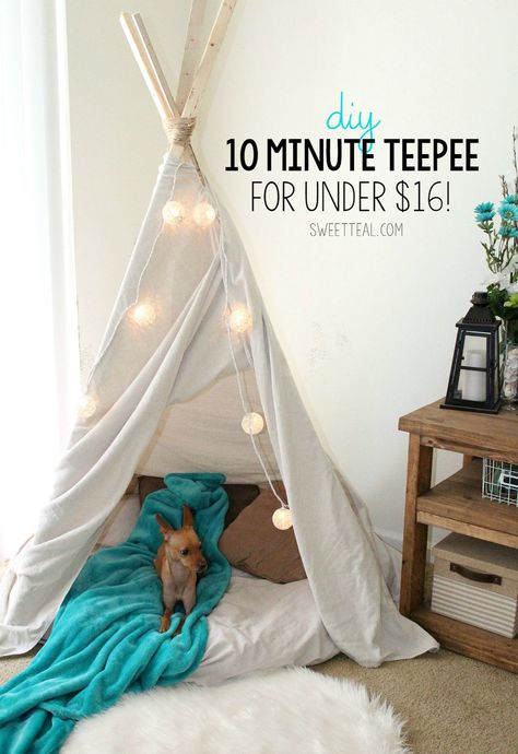 The easiest, cheapest, and fastest teepee you will ever make. Full tutorial included. Diy Dog Tent, Diy Kids Teepee, Diy Tipi, Dog Teepee, Diy Teepee, Teepee Bed, Dog Tent, Kids Teepee, Teepee Kids