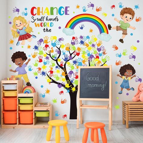 PRICES MAY VARY. Themed and Eye Catching Design: our back to school multicolored truck wall stickers are designed with themes including multicolored hands, kids and trees; Not only do they add charm to spaces, but with their main color being multicolored and their size around about 35.43 x 11.81 inches/ 90 x 30 cm, they transform your space into a lively and vibrant area Quality Material: made from vinyl, they offer a sturdy item that is safe, waterproof, and possesses strong self stick properti School Wall Murals, Preschool Interior, September Decorations, Daycare Inspiration, Classroom Walls Paint, Kids Play Corner, Kids Ministry Rooms, Art For Playroom, Daycare Room Design