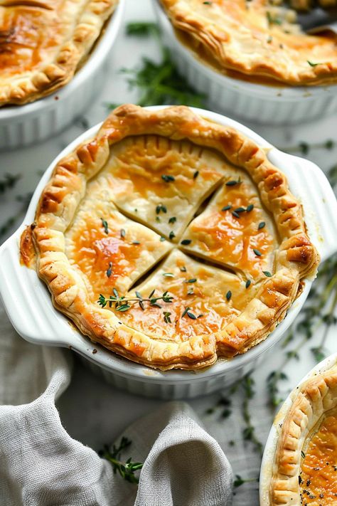 Mini Pot Pie Recipe, Chicken Pot Pie Mini, Homemade Chicken Pie, Chicken Pot Pie Dinner, Individual Chicken Pot Pies, Creamy Chicken Pot Pie, Mini Pot Pies, Mini Chicken Pot Pies, Gluten Free Puff Pastry