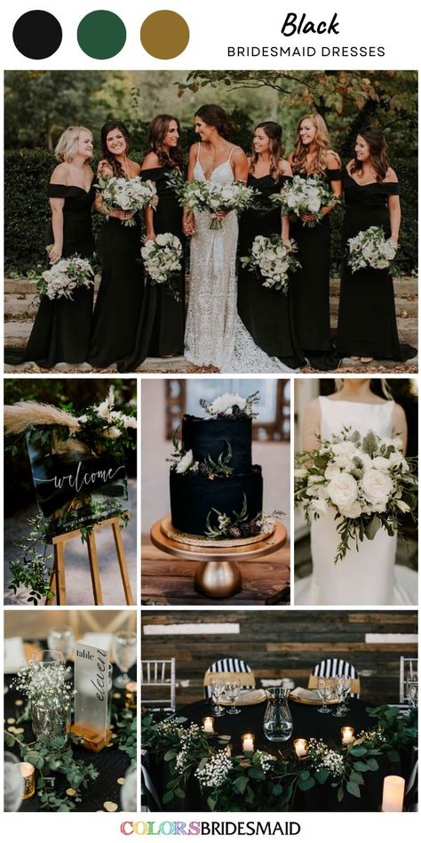 Black bridesmaid dresses on sale under $100, in 600+ custom-made styles and all sizes, white bridal gown, white flower and greenery bouquet, black wedding cake dotted with white flowers, black wedding welcome sign dotted with greenery, black wedding tablecloth and greenery décor. #colsbm #bridesmaids #bridesmaiddresses #weddingideas #blackwedding #weddingcake #bouquet #weddingdecor #weddingwelcomesign #weddingcenterpieces #blackdress b2280 Black Wedding Dress Green Bridesmaids, All Black Wedding With Greenery, Black White And Greenery Wedding Bridal Party, Evergreen And Black Wedding, Green Black And White Bouquet, Black Sage Gold Wedding, Black Bridesmaids Dresses Fall, Wedding Flowers For Black Dresses, Black White Greenery Wedding Bridal Bouquets