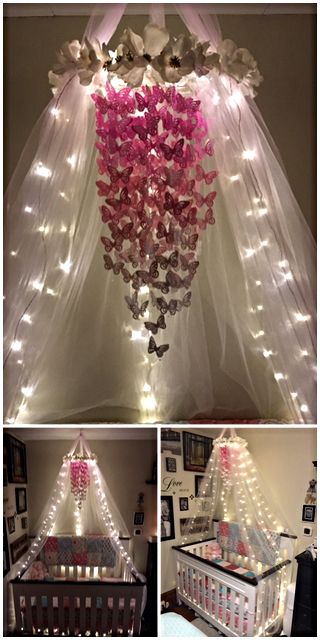 My butterfly mobile with the crib canopy and lights. Turned out exactly how I wanted it to. All diy Butterfly Room, Diy Nursery Decor, Butterfly Nursery, Butterfly Mobile, Girl Nursery Room, Diy Nursery, Creation Deco, Nursery Baby Room