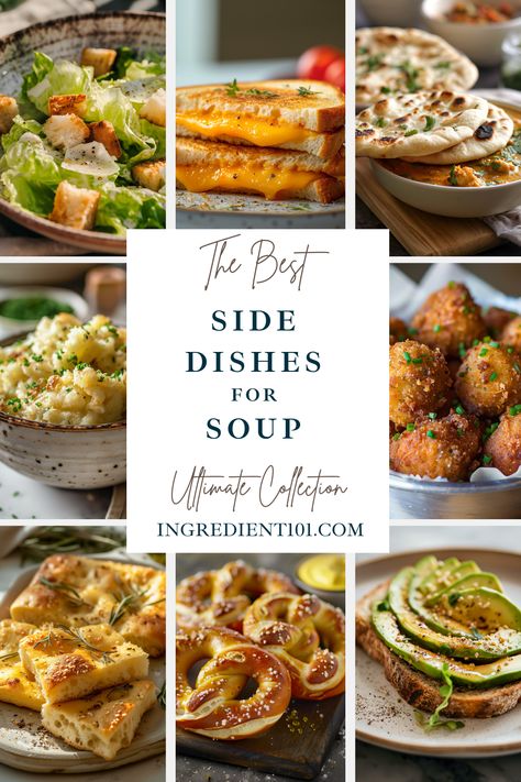 Find the best side dishes to cozy up on soup night! From refreshing summer salads to loaded corn salads and crusty bread, these simple and delicious recipes are perfect for serving alongside your favorite soup. Whether you're in the mood for creamy tomato soup, hearty vegetable soup, or Italian minestrone, these side dishes will complete your soup dinner. So go ahead and serve up the best soup and side dish combination for a wholesome and healthy dinner. Bread Sides For Soup, Side With Soup, Side Dishes With Soup, Sides For Soup Potluck, Side Dishes For Soup Dinners, Sides For Soup Dinners, Sides With Soup, Soup And Salad Party Ideas, Side Dishes For Soup