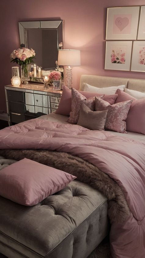 Transform your bedroom with these stunning pink bedroom ideas From soft teenage vibes to sophisticated grey and black themes explore a range of designs including dark rose small white accents and playful kid-friendly touches Incorporate touches of green dusty pinks and girly elements to create the perfect space Pink Grown Up Bedroom, Grey Pink And White Bedroom Ideas, Roses Bedroom Decor, Pink Grey And White Bedroom, Grey Pink Bedroom, Belles Bedroom, Grey And Pink Bedroom Ideas, Sophisticated Teen Bedroom, Pink And Silver Bedroom