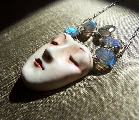 Face Pendant with Labradorite, via Flickr. Lady Face, Face Pendant, Face Jewellery, Ceramic Necklace, Recycled Jewelry, Ceramic Pendant, Polymer Clay Art, Ceramic Jewelry, Polymer Clay Jewelry