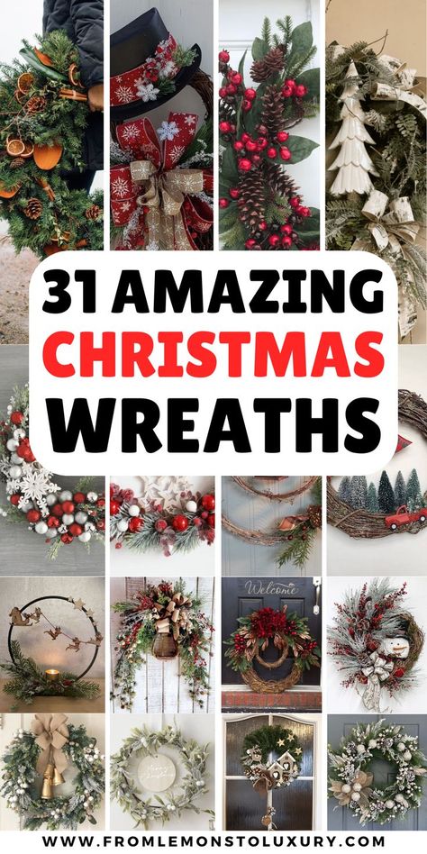 diy christmas wreath ideas Santa Clause Wreath Ideas, Christmas Tree Door Wreaths, Real Christmas Wreaths Diy, Christmas Wreaths Natural Rustic, Christmas Ornament Wreath Ideas, Trendy Christmas Wreaths, Wreaths For Front Door Diy Christmas, Xmas Ribbon Ideas, Festive Wreaths Diy