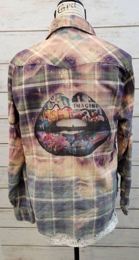 Recycled Flannel Shirts, Diy Flannel Shirt Refashion, Flannel Refashion, Graffiti Lips, Flannel Upcycle, Clothing Redo, Flannel Shirt Refashion, Bleached Tie Dye, Painted Fashion