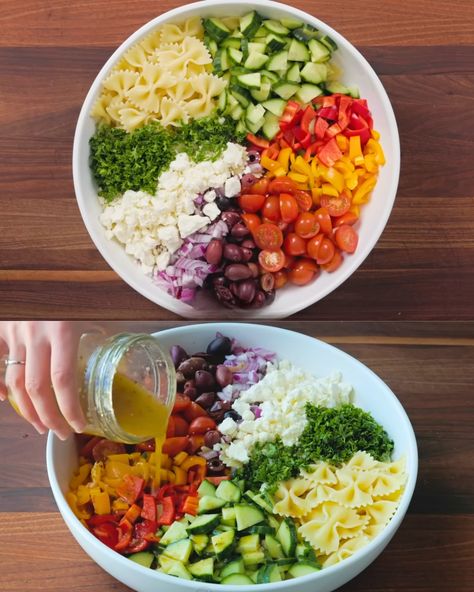 Fresh Greek Pasta Salad: A Simple and Delicious Recipe - Greenku Recipes Greek Noodle Salad, Pasta Greek Salad Recipes, Greek Pasta Salad With Chicken, Pasta Greek Salad, Pasta Salad Greek, Greek Pasta Salad With Feta, Greek Pasta Salad Recipe, Greek Salad Recipe, Feta Pasta Salad