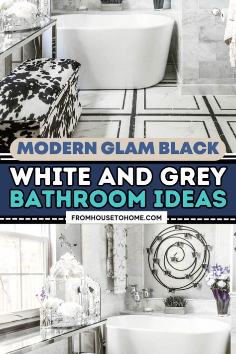 Black, White And Grey Bathroom Makeover Ideas | Home Decor Timeless Remodel, White And Grey Bathroom, Bathroom Moodboard, Bathroom Makeover Ideas, Easy Bathroom Updates, Grey And White Bathroom, Glamorous Decor, House To Home, Sewing Room Storage