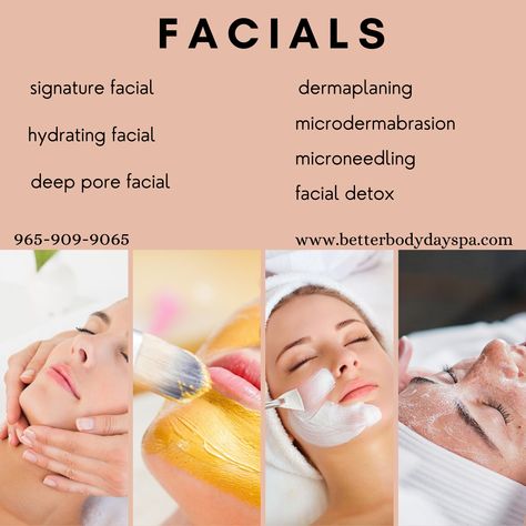 Facial Images Skin Care, Facial Images Beauty, Facial Steps Professional Videos, Different Types Of Facials, Facial Menu Of Services, Esthetician Menu Of Services, Facial Steps Professional, Facial Protocol, Facial Types