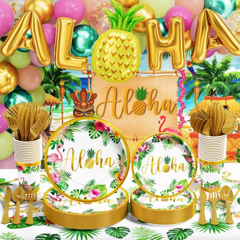 PRICES MAY VARY. 🍍ALL-IN-ONE PARTY DECORATIONS SUPPLIES KIT: Ecomore 246Pcs hawaiian party decorations set Includes 25 X 7” dessert plates, 25 X 9oz paper cups, 25 paper napkins, 25 plastic forks, 25 plastic knives, 25 plastic spoons, 1 X hawaiian backdrop(9 X 3.6ft), 1 tablecloth(9 X 4.5ft), 60 latex balloon set (4PCS installation tools include), 1 X “Aloha” foil balloon banner. Each Tropical Aloha Party Supplies Set allows you to SERVES 25 GUESTS at one time. 🍍AFFORDABLE LUAU PARTY DECORATIO Hawaiian Backdrop, Hawaiian Luau Birthday Party, Backdrop Balloon Garland, Tablecloth Backdrop, Hawaiian Baby Showers, Backdrop Balloon, Luau Decorations, Aloha Party, Hawaiian Party Decorations