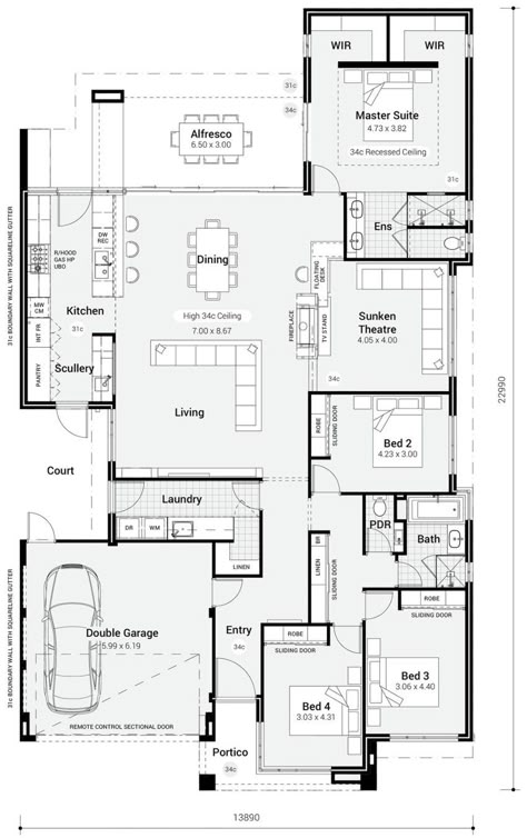 House Plan With Scullery, Two Bedroom House Design Plans, Floor Plan With Gym, Kitchen Scullery Ideas Laundry Rooms, Closed Floor Plan Kitchen, Laundry Floor Plan, Kitchen Courtyard, Kitchen Scullery, Alfresco Designs