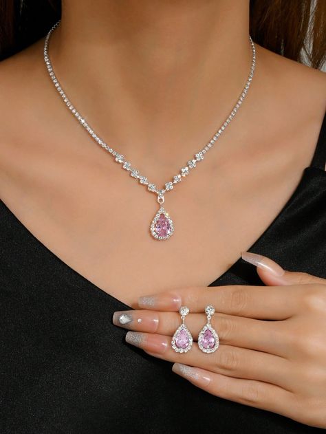 Pink Prom Jewelry, Pink Necklace Jewelry, Jewelry For Prom, Pink Jewellery, Collar Rosa, Pink Diamond Jewelry, Pink Jewelry Set, Neck Pieces Jewelry, Earrings Necklace Set