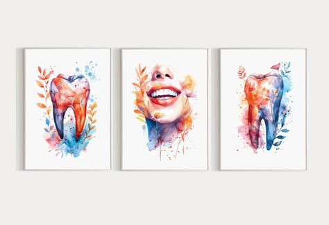 Dental Art Print Set Of 3 Dentist 3 Piece Wall Art Set Floral Dental Office Decor, Dentist Gift for Dental Assistant, Teeth With Flowers Office Decor Colorful, Dental Poster, Dental Wall Art, Logo Dental, Dentist Art, Dental Posters, Poster Color Painting, Dental Office Decor, Dental Art