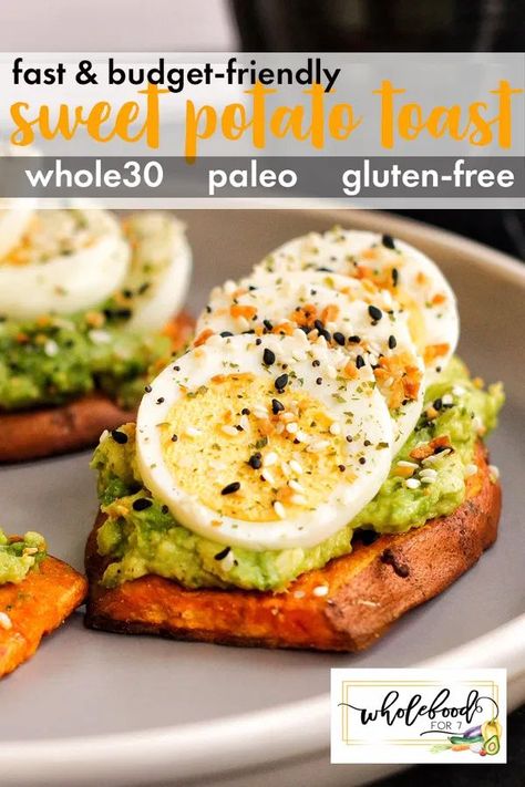 Sweet potato toast with avocado and boiled eggs (gluten-free, dairy-free, paleo) #glutenfree #paleo #avocado #breakfast #wholefood Whole30 Easy, Potato Toast, Whole 30 Meal Plan, Easy Whole 30 Recipes, Sweet Potato Toast, Whole 30 Breakfast, Dairy Free Breakfasts, Whole 30 Diet, Recipes Lunch