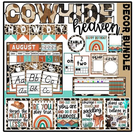 Cow Print Bulletin Board Ideas, Preschool Farm Classroom Decor, Western Teacher Classroom, Aztec Classroom Theme, Classroom Western Theme, Cow Classroom Theme Decor, Cowhide Classroom Decor, Cow Print Bulletin Board, Cow Print Classroom Decor