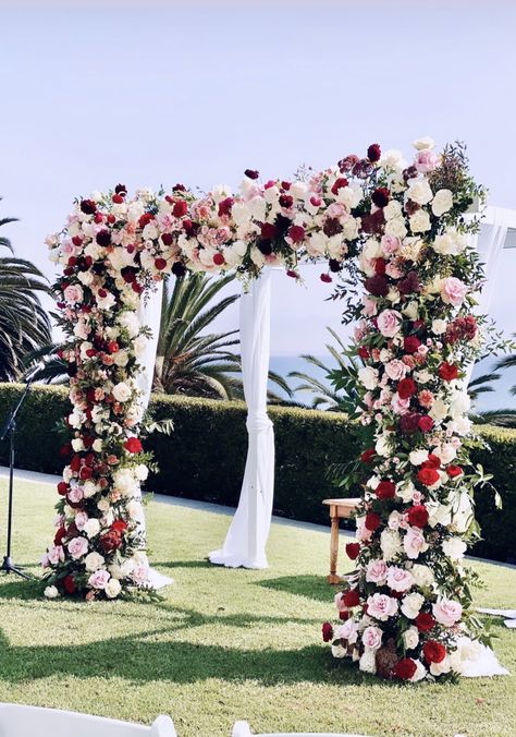 Pastel Red Wedding Theme, Blush Pink And Burgundy Wedding Flowers, Red Cream Wedding Theme, Pink And Red Wedding Theme Wedding Ceremony Decor, Mauve And Red Wedding, Red Pink And White Wedding Flowers, Pink Quinceanera Ideas Decoration, Red Pink White Wedding Decor, Cream And Maroon Wedding