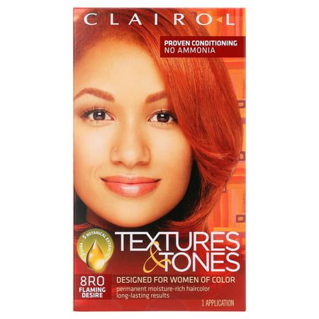 Clairol Textures & Tones Permanent Hair Color, 8RO Flaming Desire, Hair Dye, 1 Application. This luxurious color is specially formulated with enriching plant-derived ingredients for brilliant, resilient hair that's strong and more elastic to resist damage and breakage. Get long-lasting color that's full of moisture-rich shine, for your own sensational, inspirational style. More info: Moisture-Rich Haircolor Developing Lotion in Precision Tip Applicator Bottle Instructions and Plastic Gloves Mois Hair Color On Dark Hair, Color On Dark Hair, Vibrant Hair Color, Dark And Lovely, Clairol Natural, Clairol Natural Instincts, Plastic Gloves, Applicator Bottle, Black Henna