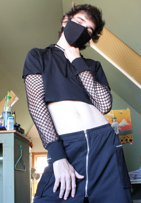 Men In Crop Tops Drawing, Male Fishnets, Fishnet Crop Top Outfit, Femboy Crop Top Outfits, Men’s Crop Top Outfit, Fishnet Top Men, Boy Crop Top Aesthetic, Crop Top Hombre, Boy In Crop Top