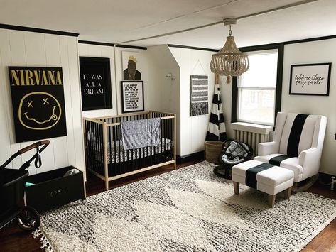 Nursery With Dark Walls, Rocker Nursery Theme, Rock Music Nursery, 3 Cribs In One Room Ideas, Classic Rock Themed Nursery, Pop Punk Nursery, Black And Tan Nursery Ideas, Modern Industrial Nursery, Classic Rock Nursery