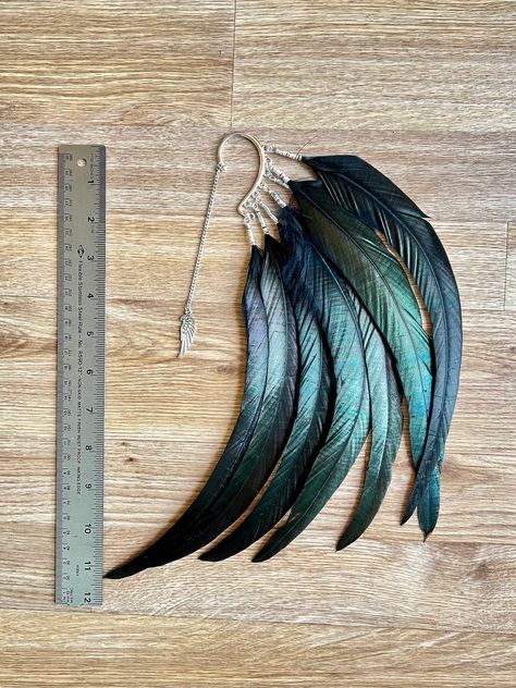 Raven Spirit Black Feather Ear Cuff Black Bird Feather Ear - Etsy Macrame Raven, Feathered Clothes, Crow Party, Carnival Diy, Crow Feathers, Raven Feathers, Wing Tattoos On Back, Raven Costume, Feather Hair Pieces