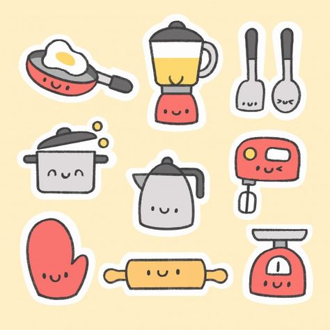 Cute kitchen tools sticker hand drawn ca... | Premium Vector #Freepik #vector #logo #hand #cartoon #sticker Cute Kawaii Drawings Doodles, Kitchen Tools Drawing, Doodles Kawaii, Cute Cartoon Food, Griffonnages Kawaii, E Ticket, Arte Doodle, 귀여운 음식 그림, Preppy Stickers