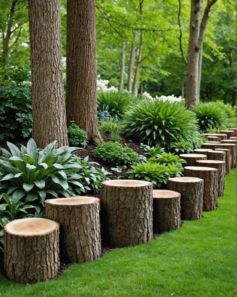 20 Creative Garden Border Ideas To Beautify Your Yard - Toolz Geek Tree Trunk Ideas Outdoor Backyards, Log Edged Garden, Log House Landscaping, Using Logs In Landscaping, Easy Garden Borders, Tree Stump Garden Ideas, Rocks In Landscaping Decorating Ideas, Tree Trunk Ideas Outdoor, Tree Log Ideas