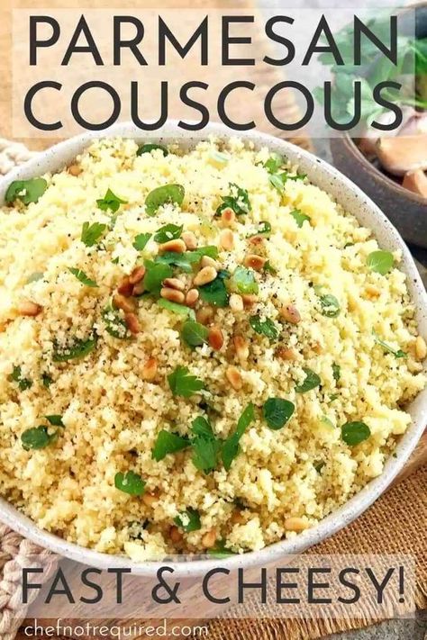 This is my no cook, super easy parmesan couscous recipe. Packed with cheesy goodness plus garlic and herbs, this is a great side dish for so many recipes. Perfect for lunches and dinners alike. #chefnotrequired #couscous #parmesancouscous Couscous Recipes Low Calorie, Parmesan Pearl Couscous Recipes, Vegetarian Couscous Recipes, No Cook Side Dishes, Parmesan Couscous, Simple Couscous Recipes, Pearl Couscous Recipes, Couscous Dishes, Vegetables Grilled