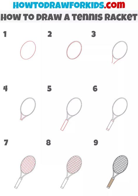 How to Draw a Tennis Racket - Easy Drawing Tutorial For Kids How To Draw A Tennis Racket, Tennis Drawing Easy, Tennis Ball Drawing, Tennis Racket Drawing, Tennis Racket Art, How To Makw, Tennis Drawing, Tennis Ideas, Squash Rackets