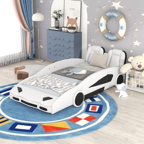 PRICES MAY VARY. [Creative Children's Racing Bed] - Fun and useful, this car bed is designed and shaped just like a race car, making it the perfect addition to a young racing fan's bedroom. comfortable, functional, and aesthetically pleasing, this twin bed is designed to ensure the utmost comfort and maximum safety for you. [High-quality Kids Racing Bed] - The toddlers twin bed is constructed with a sturdy pine wood，Luxury Faux Leather and MDF frame that features a novel look for enhanced stabil Race Car Design, Race Car Bed, Floor Bed Frame, Kids Bed Frames, Bed Platform, Twin Platform Bed, Car Bed, Toddler Beds, Floor Bed