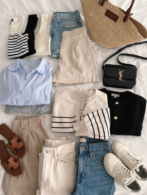 Spring Minimalist Capsule Wardrobe, Provence Capsule Wardrobe, Spanish Capsule Wardrobe, Spring 2024 Fashion Trends Petite, Euro Summer Capsule Wardrobe, Classic Casual Summer Outfits, Summer Staples 2024, Summer French Capsule Wardrobe, Europe Spring Outfits 2024