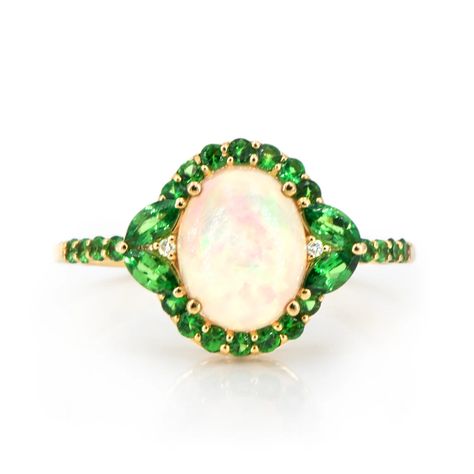 14K Green Tsavorite Halo Oval Opal Fashion Ring | Champaign Jewelers Fashion Ring Set, Yellow Style, Tsavorite Garnet, Fashion Ring, Yellow Fashion, G H, Ring Set, Ring Sets, Fashion Rings