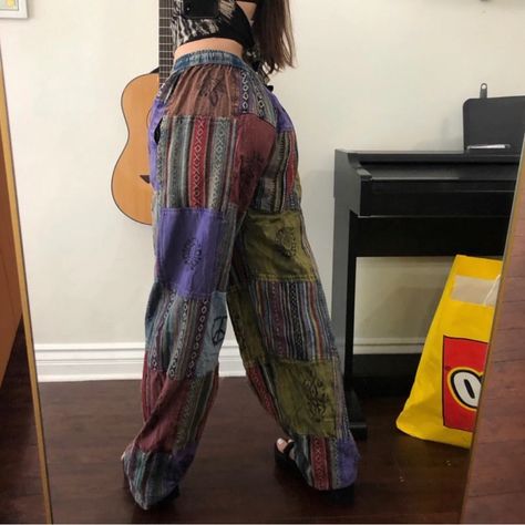 Beautiful Boho Patchwork Hippie Pants! Has Colorful Patchwork And Stamps All Over, Waist Goes To 38 And Ties To Fit Any Waist Size Smaller! Inseam Is 31'. Very Comfy, I’m 5’2 For Reference Patchwork Hippie Pants, Surf Pants, Boho Patchwork, Hippie Pants, Pants Color, Waist Size, Color Blue, Pants, Patchwork