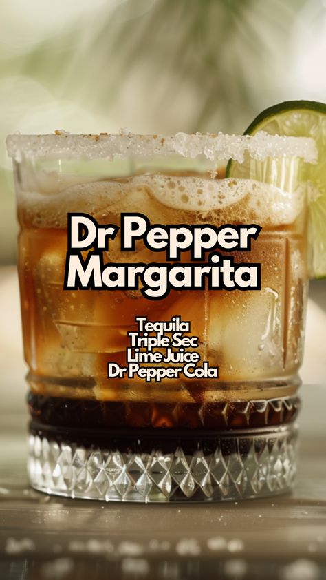 The Dr Pepper Margarita cocktail is a unique twist on the classic margarita, combining the tangy flavors of tequila, triple sec, and lime juice with the sweet, spiced taste of Dr. Pepper. This unexpected blend creates a refreshing and flavorful drink perfect for any occasion.  #drpeppermargarita via @mybartender Bartender Drinks Recipes, Fun Drinks Alcohol, Bartender Drinks, Tequila Margarita, Cocktail Drinks Alcoholic, Party Drinks Alcohol, Mixed Drinks Alcohol, Yummy Alcoholic Drinks, Liquor Drinks