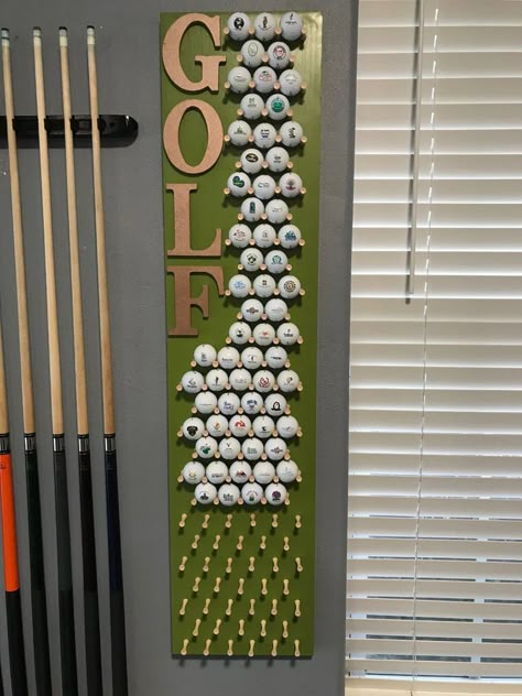 Golf Display, Golf Club Crafts, Golf Furniture, Golf Ball Display, Simulator Room, Golf Crafts, Golf Simulator Room, Golf Ball Displays, Golf Room