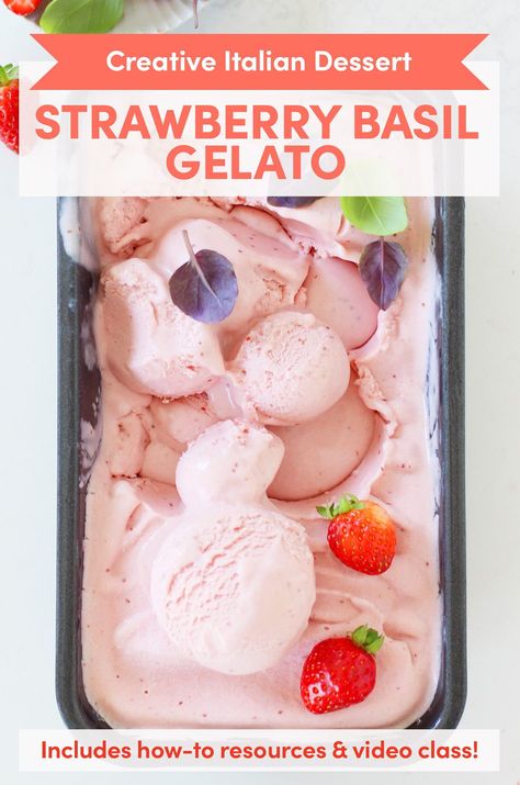 This soft pink strawberry gelato transforms two quintessential summer ingredients, strawberries and basil, into a silky smooth treat with a delicate, sweet flavor. Lactose Free Heavy Cream, Strawberry Gelato, Vegan Gelato, Chocolate Gelato, Strawberry White Chocolate, Italian Ice Cream, Gelato Recipe, White Chocolate Strawberries, Strawberry Basil