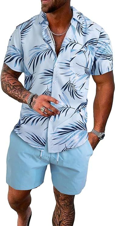 SOLY HUX Men's 2 Piece Outfits Tropical Print Short Sleeve Button Down Hawaiian Shirt and Shorts Set