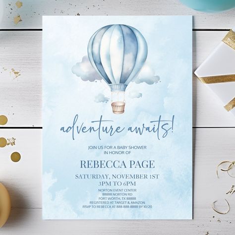 Hot Air Balloon Shower, Baby Shower Ballons, Hot Air Balloon Invitation, Blue Hot Air Balloon, Brit Milah, Baby Shower Souvenirs, Blue Baby Shower Invitations, Balloon Invitation