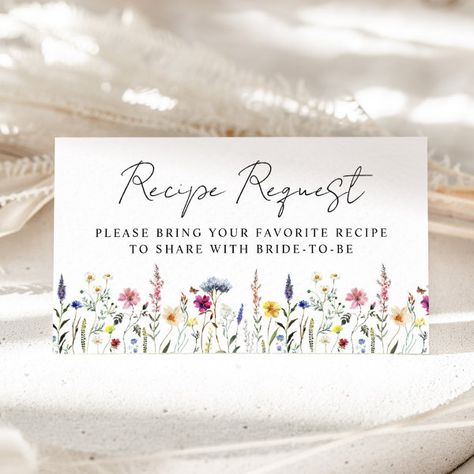 Elegant Wildflower Bridal Shower Recipe Request Enclosure Card Bridal Shower Recipe Request, Wildflower Bridal Shower, Bridal Shower Recipe, Watercolor Wildflowers, Summer Bridal Showers, Wildflower Meadow, Bridal Shower Food, Joy Of Cooking, Bach Party