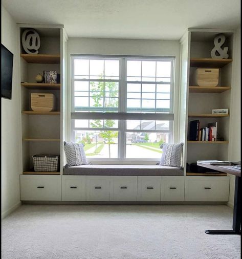 Book Storage Under Window, Natural Living Room Decor, Study Lounge, Window Seat Design, Built In Shelves Living Room, Low Bookcase, Natural Living Room, Indoor Design, Living Room Windows