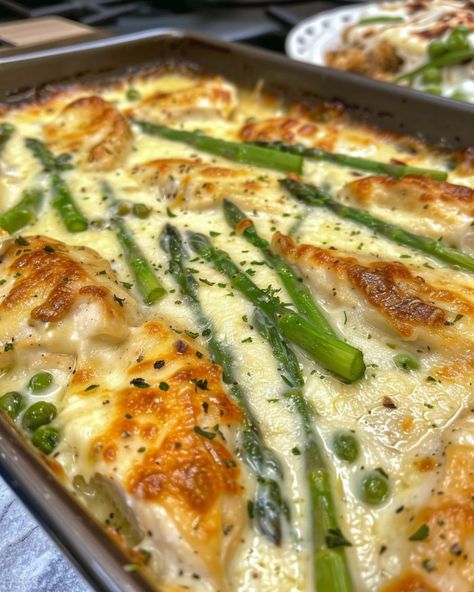 My man is totally obsessed with this dish. He's on my case to whip it up weekly. Caesar Chicken And Asparagus, Chicken Ceaser Bake, Pounded Chicken Recipes, Caesar Chicken With Asparagus, Chicken Caesar Bake, Ceaser Chicken Breast Recipes, Ceased Chicken, 10 Ingredients Or Less Recipes, August Dinner Ideas