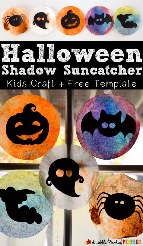 Halloween Shadow Suncatcher Craft for Kids and Free Template: Kids can choose from 6 silhouette templates (jack-o-lantern, bat, ghost and more) or make their own Halloween design to hang on the window and watch it glow. (Kids craft, coffee filter, free printable) Shadow Craft, Halloween Shadow, Halloween Template, Craft Halloween, Halloween Crafts For Toddlers, Coffee Filter Crafts, October Crafts, Autumn Sun, Suncatcher Craft