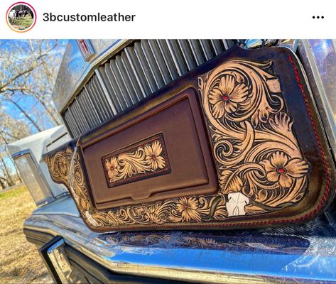 Custom Leather Truck Interior, Cowhide Headliner Truck, Truck Interior Accessories Western, Western Truck Seat Covers, Tooled Leather Truck Interior, Old Truck Interior Ideas, Western Truck Interior Ideas, Western Seat Covers, Leather Truck Interior