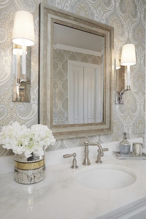 We could do a cool wallpaper behind your bathroom mirrors! {side note: I have no idea how to hang wallpaper} Rustic Bathrooms, Small Bathroom Storage, Bad Design, Dream Bathrooms, Minimalist Bathroom, Elegant Bathroom, Bathroom Wallpaper, Traditional Bathroom, Bathroom Remodel Master