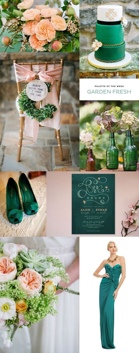 Dark Green Peach Wedding, Emerald Green And Peach Wedding Theme, Emerald Wedding Color Schemes, Forest Green And Coral Wedding, Emerald Taupe Peach Wedding, Peach And Green Color Palette Wedding, Peach And Emerald Green, Hampton Wedding, Coral Wedding Decorations