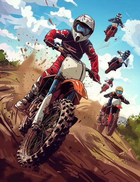 The image shows a group of five dirt bike riders racing through a sandy track. The riders are all wearing protective gear and are riding in a close group ->> more details in ai-img-gen.com Bike Racing Wallpaper, Story Boarding, Motorbike Art, Biker Photography, Bike Riders, Awesome Artwork, Group Of Five, Products Photography, Bike Rider