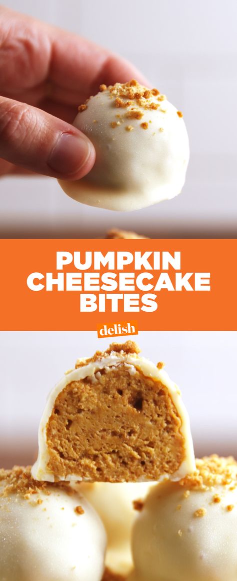 Good luck just having one of these Pumpkin Cheesecake Bites. Get the recipe at Delish.com. Cheesecake Truffles Recipe, Pumpkin Cheesecake Bites, Cheesecake Truffles, Cheesecake Bites Recipe, Tiramisu Dessert, Dessert Aux Fruits, Desserts Vegan, Savory Cakes, Cheesecake Bites