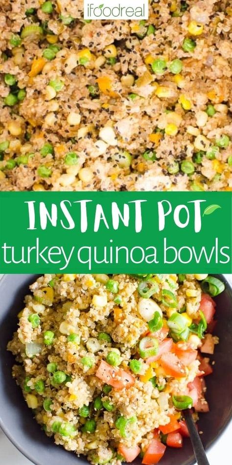 Instant Pot Ground Turkey Quinoa Bowls is a healthy 30-minute pressure cooker one-pot meal. It's made with quinoa, ground meat, and veggies coated in a delicious flavored sauce inspired by Chinese takeout but healthy! It's a bowl loaded with beautiful colours, flavours, and textures. It's easy to make, simple, hearty, and perfect for meal prep or having easy access to healthy leftovers! Quinoa Meat, Instant Pot Recipes Healthy Family, Instant Pot Recipes Healthy, Turkey Quinoa, Instant Pot Quinoa, Instant Pot Turkey, Healthy One Pot Meals, Quinoa Bowls, Pot Recipes Healthy