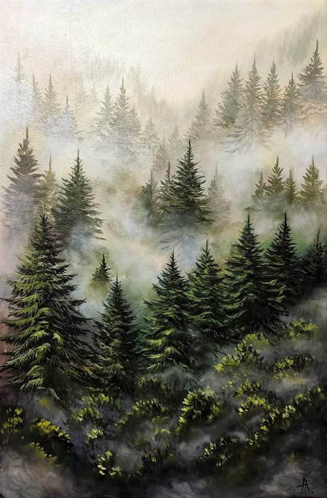 Woodsy Paintings, Pine Forest Painting, Color Theory Art, Tree Painting Canvas, Tree Watercolor Painting, Trees Painting, Nature Art Drawings, Oil Pastel Paintings, Landscape Paintings Acrylic